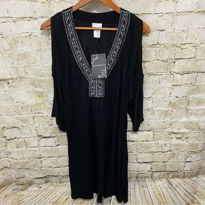 NWT Wearabouts Black Turqoise Beaded Cold Shoulder 3/4 Sleeve Swim Cover…